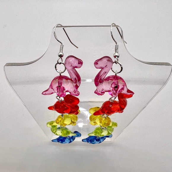 Dinosaur Chain Earrings - Toy Earrings - Rainbow Earrings - Long Earrings - Picture 2 of 11